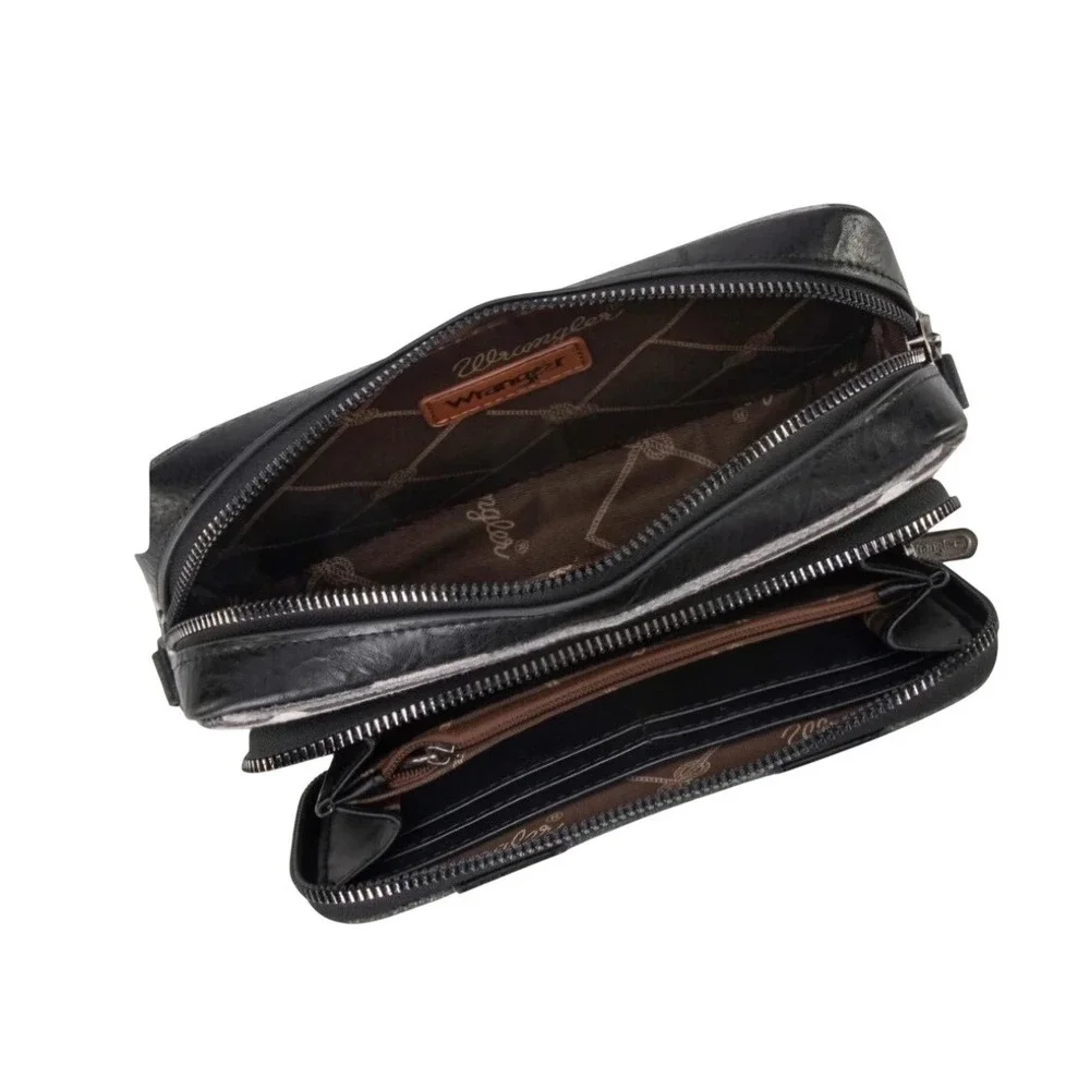 Wrangler Crossbody‎ Bag Women OS Black Aztec Print Studded Wallet Organizer New